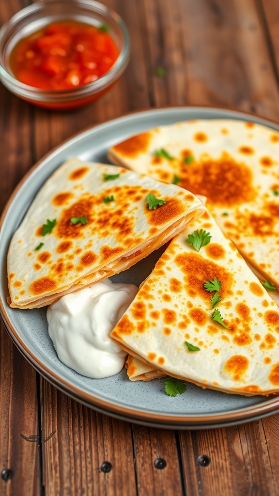 Chicken Quesadilla Recipe Golden brown chicken quesadillas cut into wedges, garnished with cilantro, served with sour cream and salsa.
